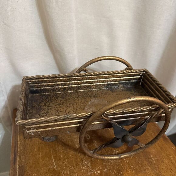 Vintage Cast Iron Flower Cart Wagon Planter Box Garden Decor 10"X5" Centerpiece - Picture 3 of 9